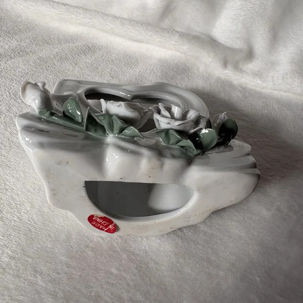 Vintage Porcelain Roses And Swan Photo Frame Shabby Chic Dresser Top Vanity